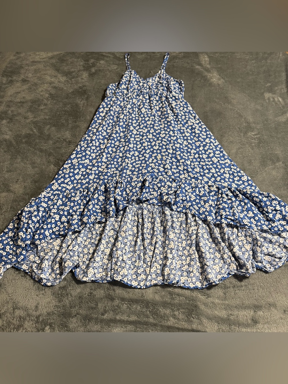 Pacific Vibes Sun Dress Blue White Floral Size XL Hi-Low Hem Smocked Back